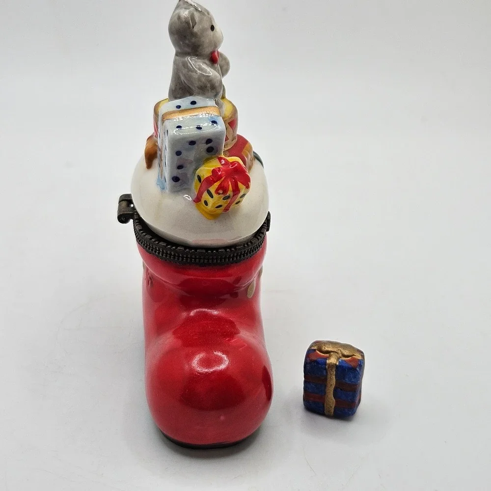 VTG Christmas Stocking Trinket Box Teddy Bears Gifts Hinged Ceramic Mini Present